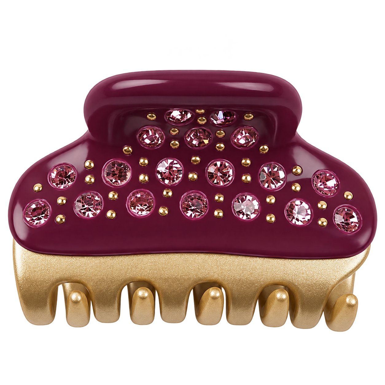 Burgundy mini claw clip with pink stones and gold details